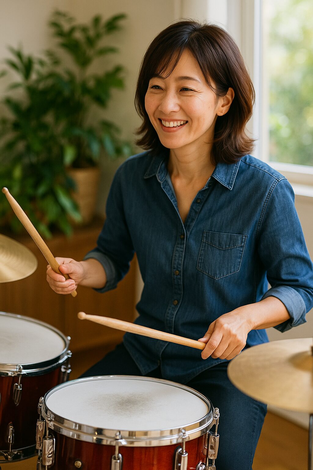 40代の女性がドラムを楽しそうに叩く様子