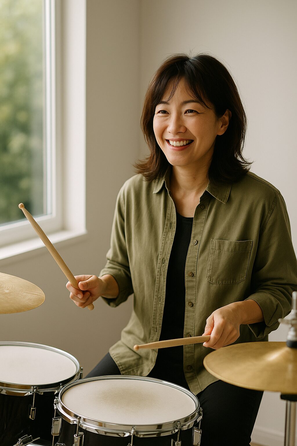 40代の女性がドラムを楽しそうに叩く様子２