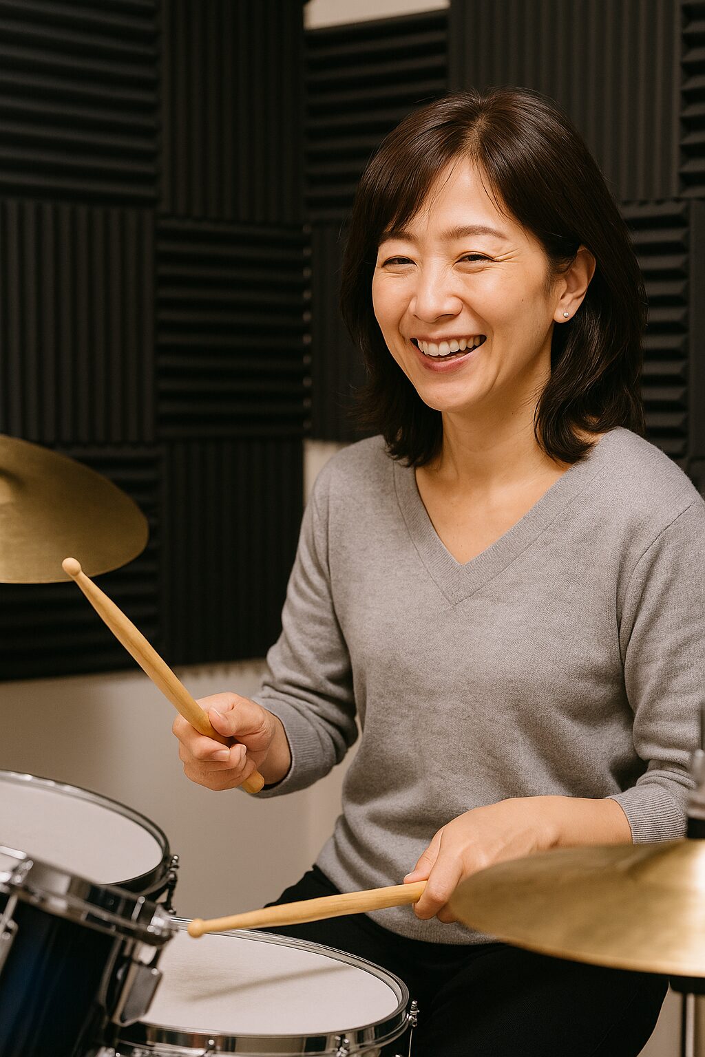 50代の女性が楽しそうにドラムを叩く様子２