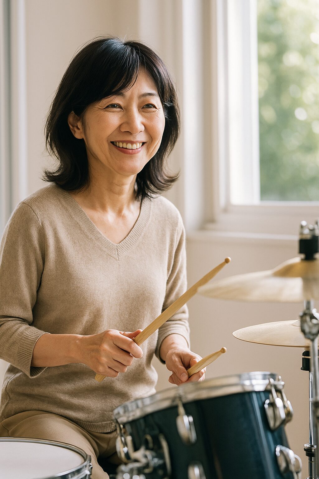 60代の女性が楽しそうにドラムを叩く様子