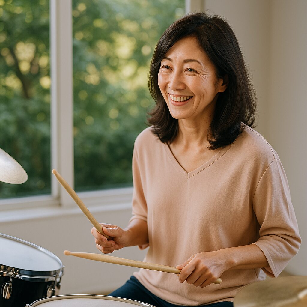 60代の女性が楽しそうにドラムを叩く様子２