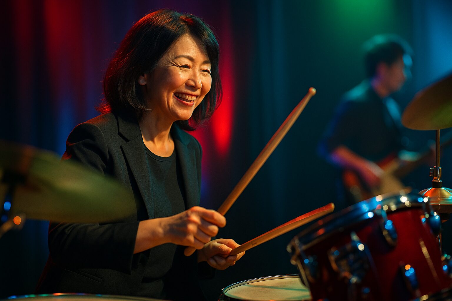 女性がライブハウスでドラムを演奏している様子