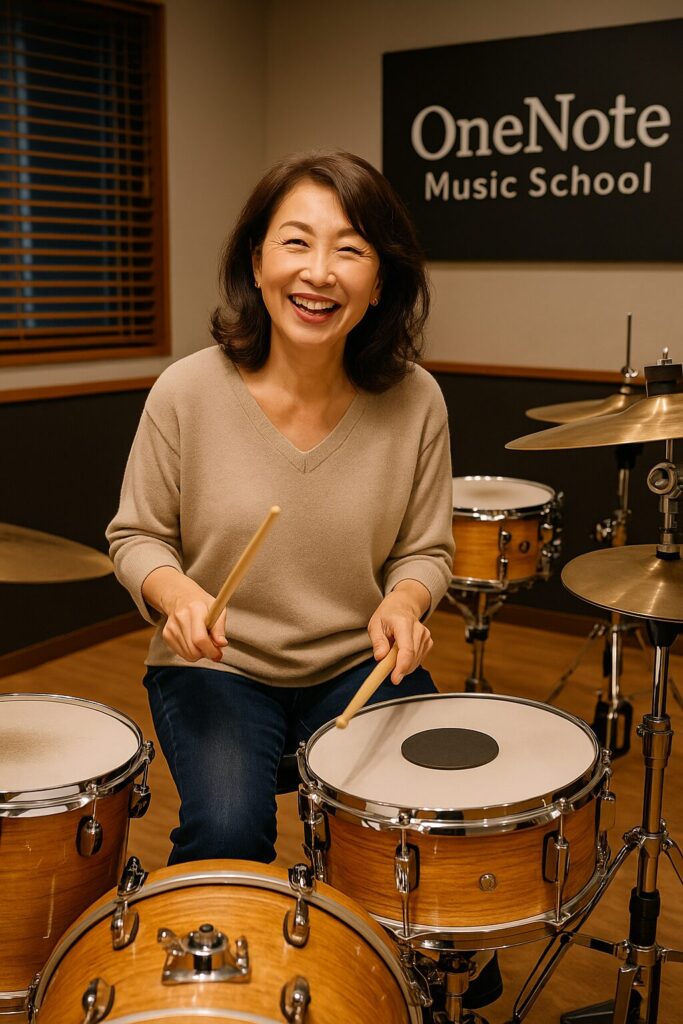 ドラムを楽しそうに叩く女性