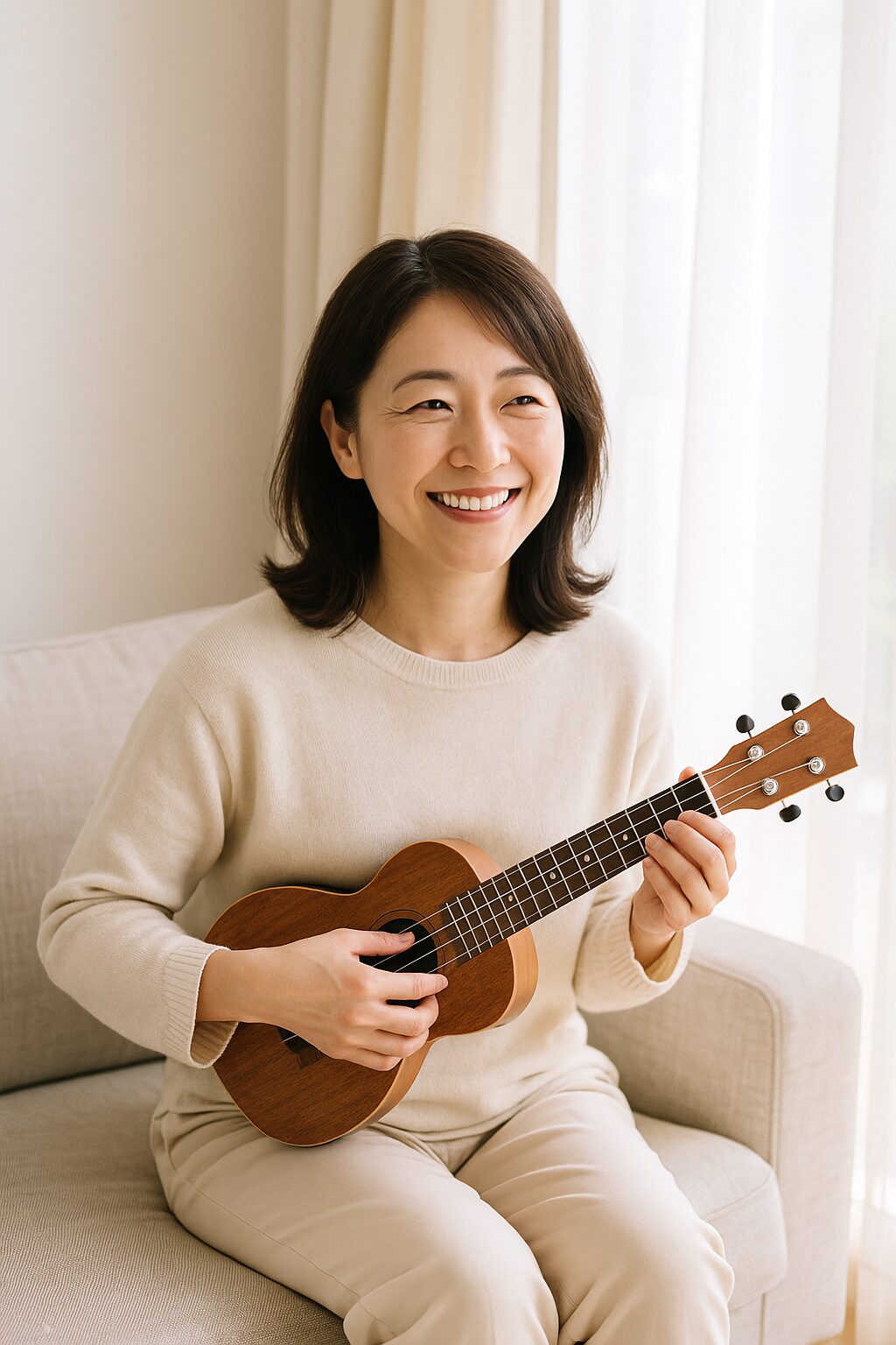 窓辺で楽しそうにウクレレを弾く女性