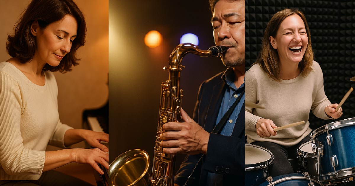 ピアノ、サックス、ドラムの各楽器演奏の様子