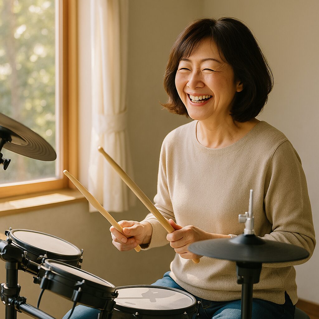 木漏れ日の差す窓際で電子ドラムを叩く笑顔の５０代女性