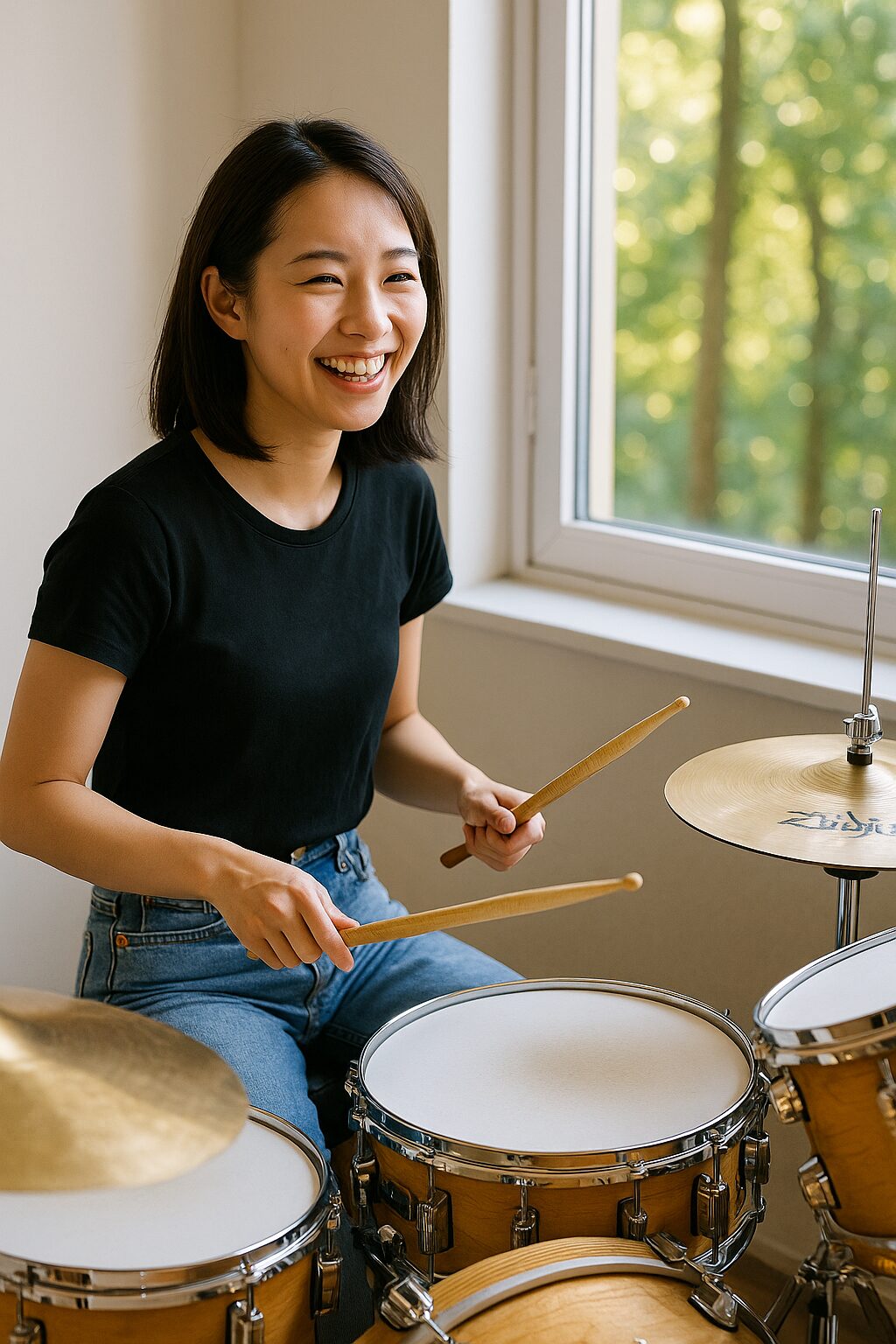 20代の女性が楽しそうにドラムを叩く様子