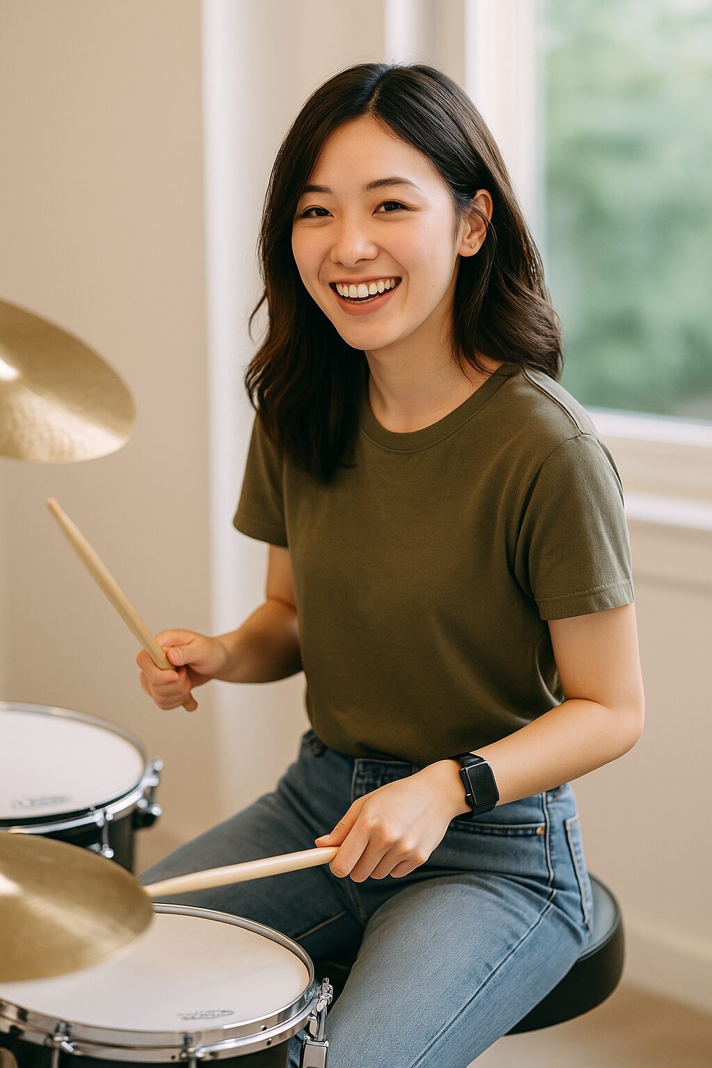 20代の女性が楽しそうにドラムを叩く様子２