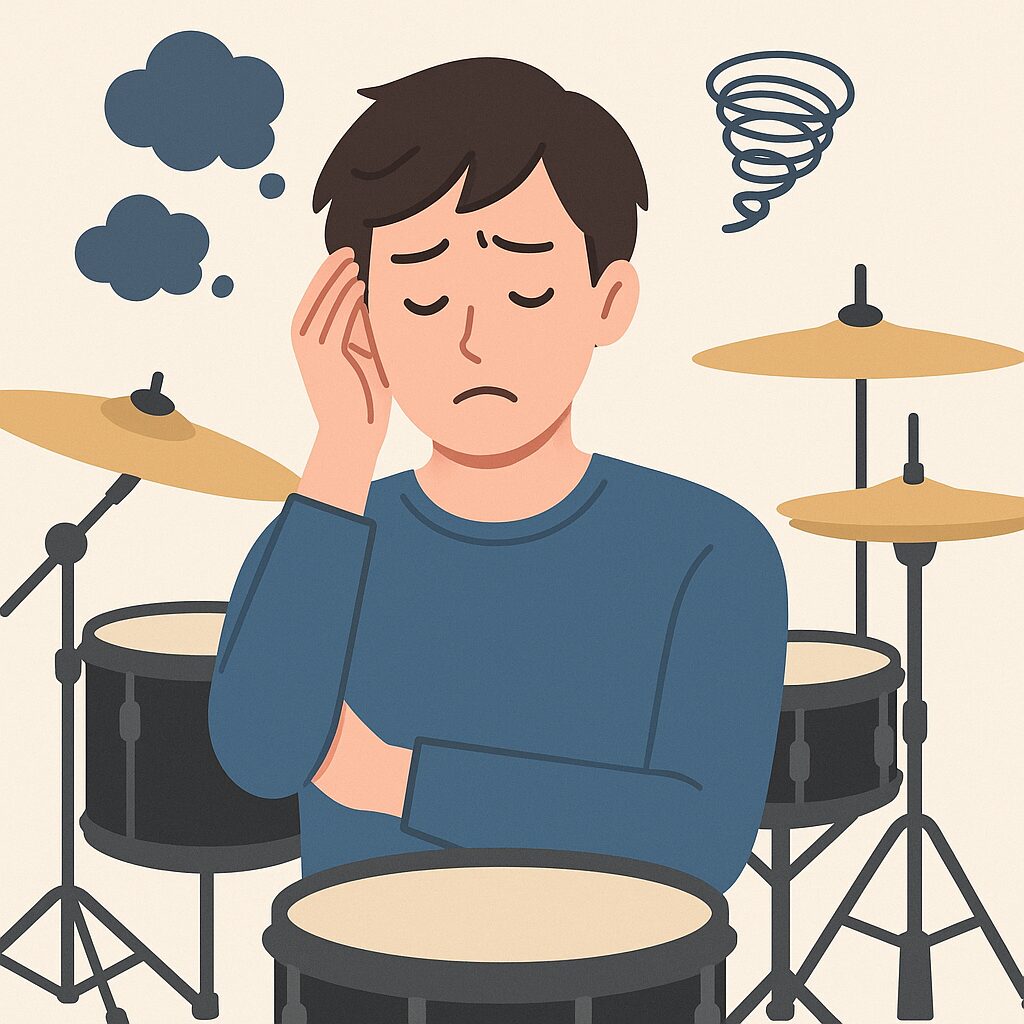 20代男性がドラムについて悩んでいるイラスト